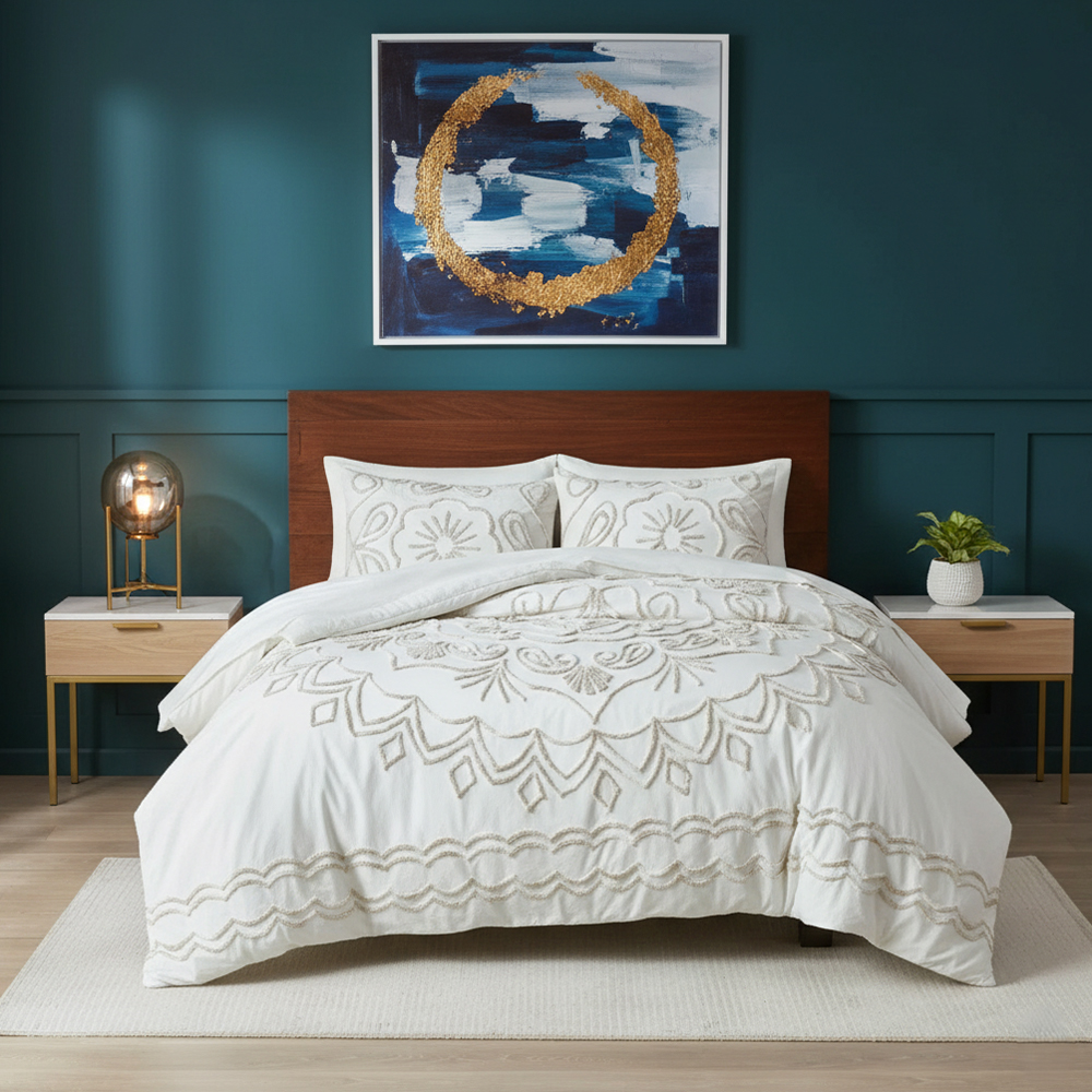Set copripiumino copripiumino ricamato in ciniglia tufed Soraya medaglione set biancheria da letto
