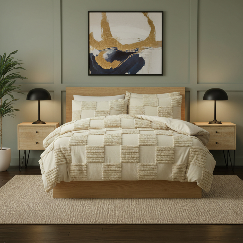 Set piumino da letto Eden trapuntato con motivo geometrico in ciniglia ricamato