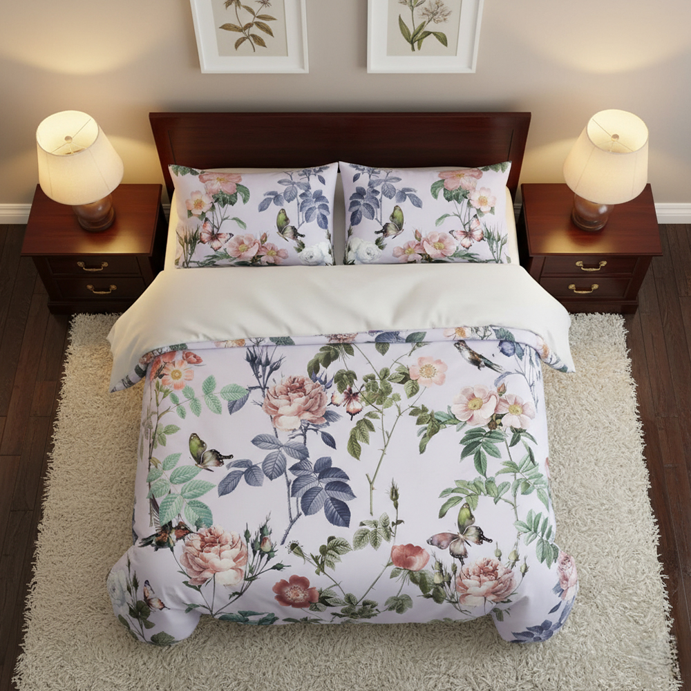 Set copripiumino moderno Cathy con stampa floreale vintage e uccelli. Set biancheria da letto