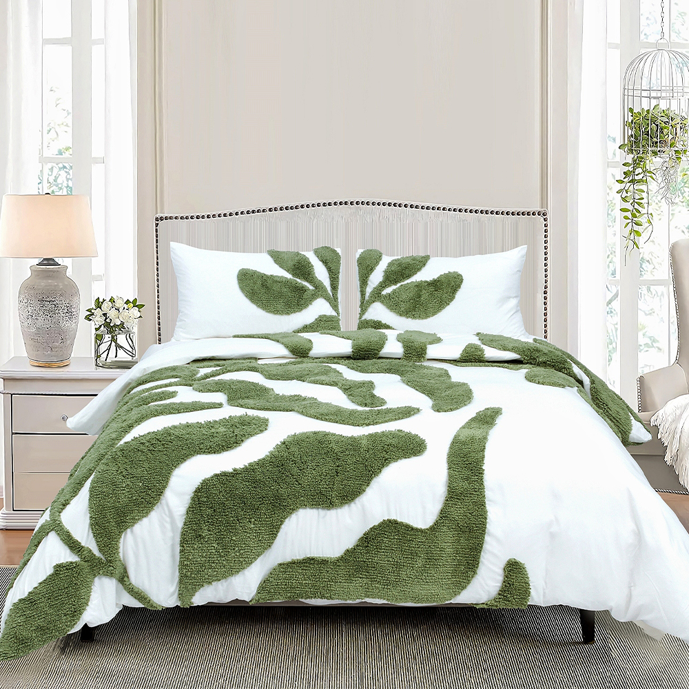 Set copripiumino con ricamo in ciniglia trapuntato a foglia di grandi dimensioni Belle Botanical, set di biancheria da letto