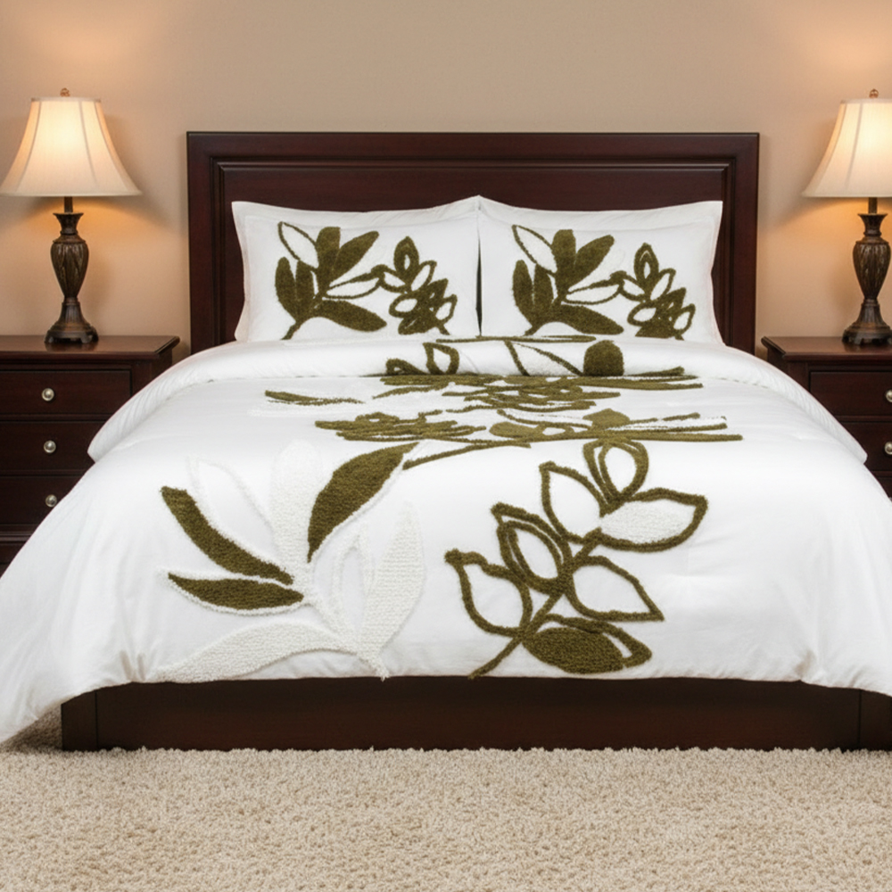 Set copripiumino con ricamo in ciniglia trapuntata a foglia Gia Botanical, set di biancheria da letto