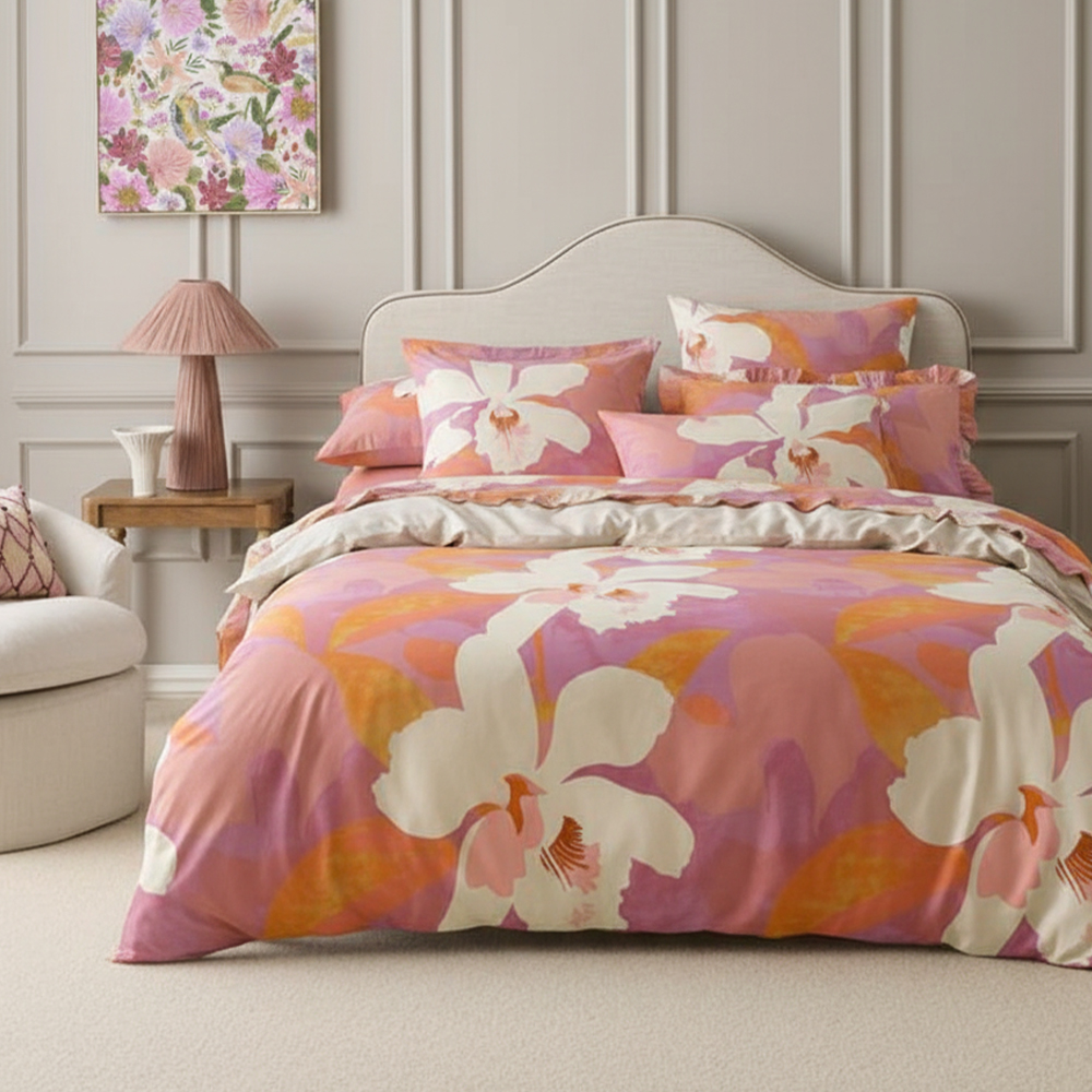 Set copripiumino stampato Bianca con striscia floreale in puro cotone microfibra Set biancheria da letto