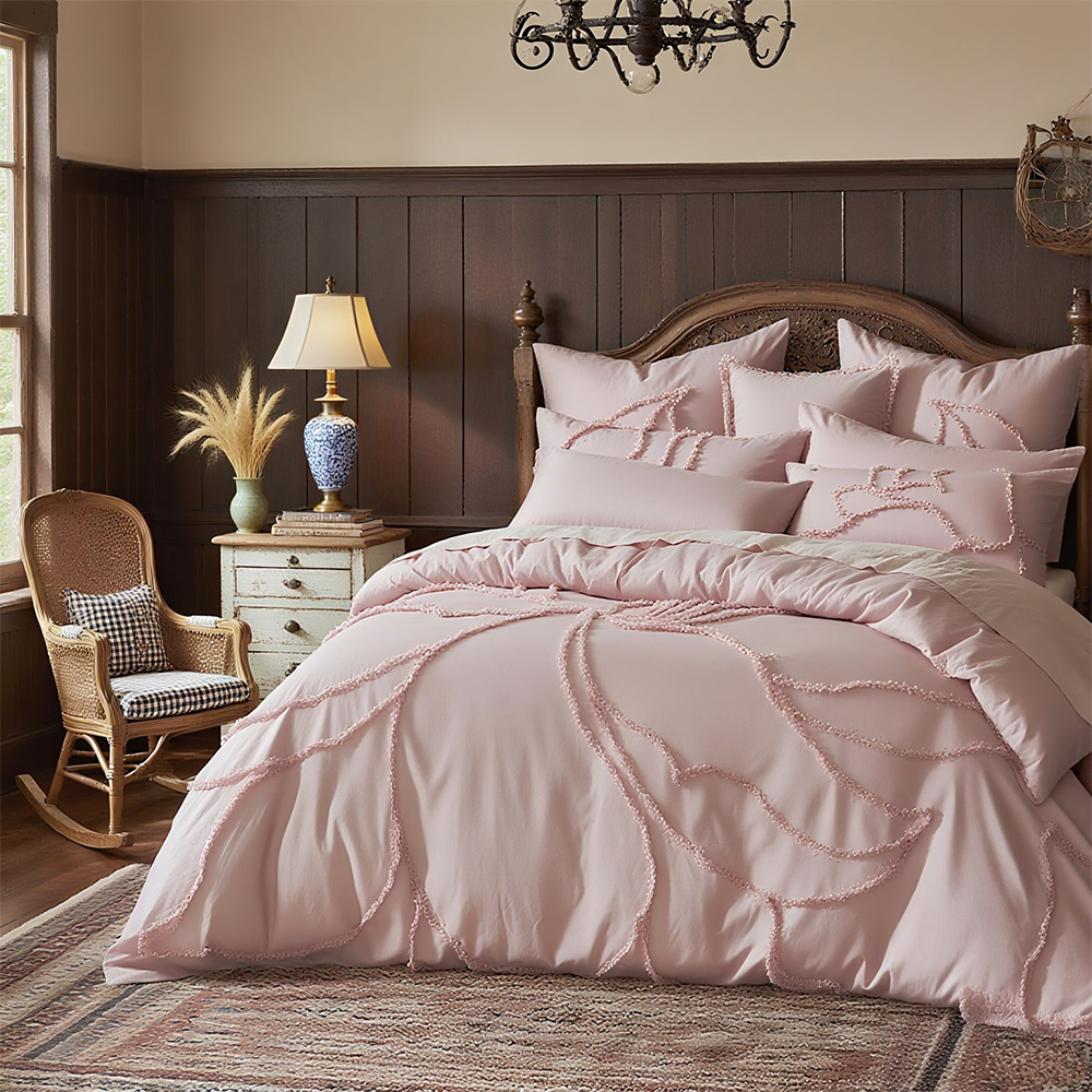 Set copripiumino con ricamo in ciniglia trapuntato floreale botanico Catalina. Set biancheria da letto